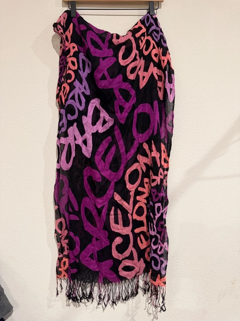 Bold Script Fringe Wrap - Black with Purple & Pink Script 72x21 inches